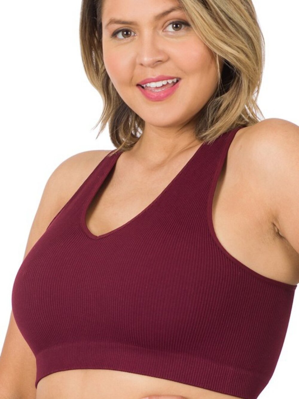 Womens Plus Seamless Ribbed Racerback Tank Top Sports Bra Cabernet 1X/2X & 2X/3X